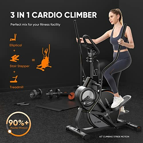 Woman using 3 in 1 cardio climber exercise machine.