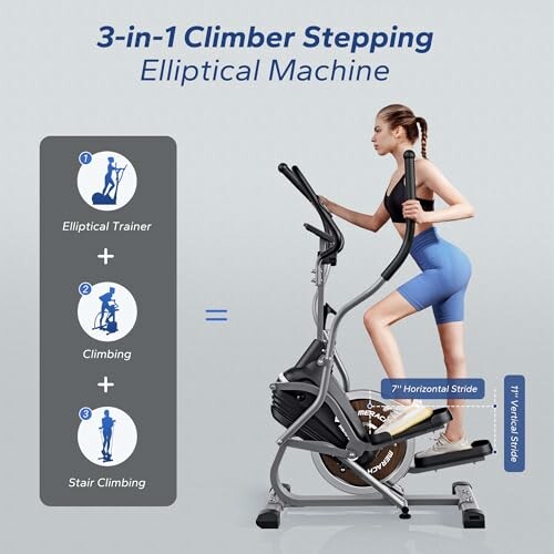 Woman using 3-in-1 climber stepping elliptical machine.