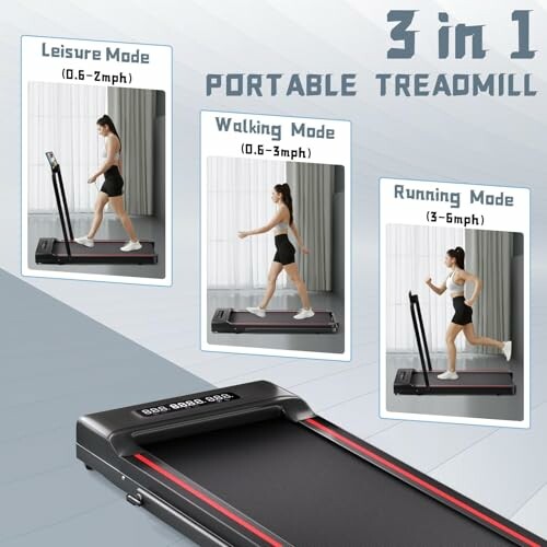 Three modes of a 3-in-1 portable treadmill: leisure, walking, and running.