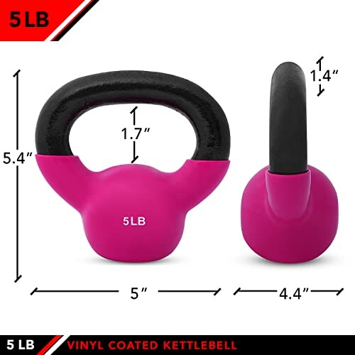 5 LB pink vinyl coated kettlebell with dimensions