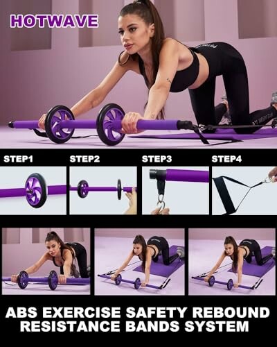 Woman using abs exercise rebound resistance bands system.