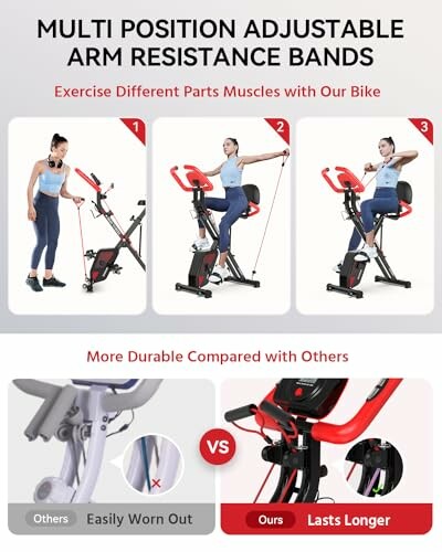 Multi-position adjustable arm resistance bands on exercise bike with durability comparison.