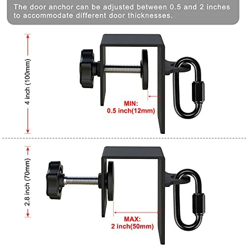 Adjustable door anchor with measurements for thickness compatibility.