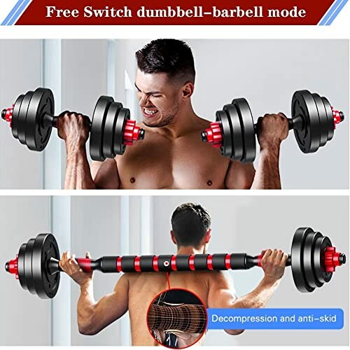 Man lifting adjustable dumbbell-barbell in gym setting