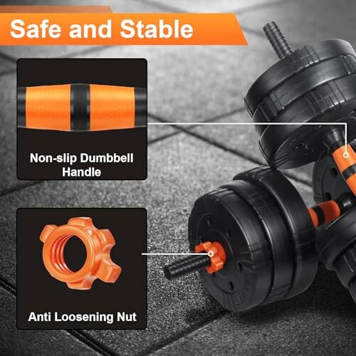 Adjustable dumbbell set with non-slip handle and anti-loosening nut.