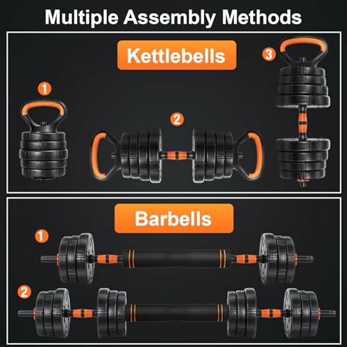 Image showing multiple assembly methods for kettlebells and barbells.