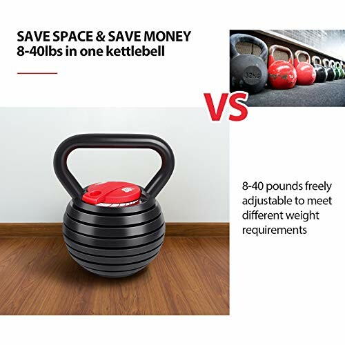 Adjustable kettlebell with multiple weights shown.