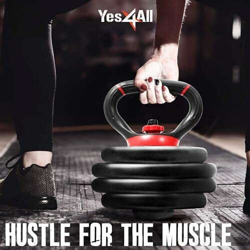 Person lifting adjustable kettlebell in gym with 'Hustle for the Muscle' text.