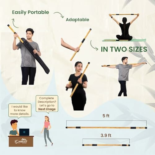 Collapsible yoga staff shown in two sizes with portability and adaptability features.