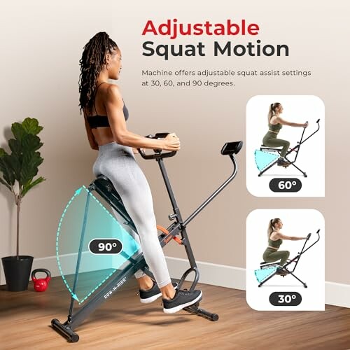 Woman using adjustable squat motion machine with 30, 60, and 90 degree settings.