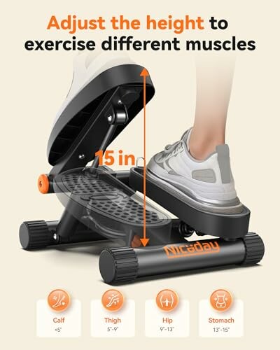 Adjustable stepper machine showing height measurement for muscle exercise.