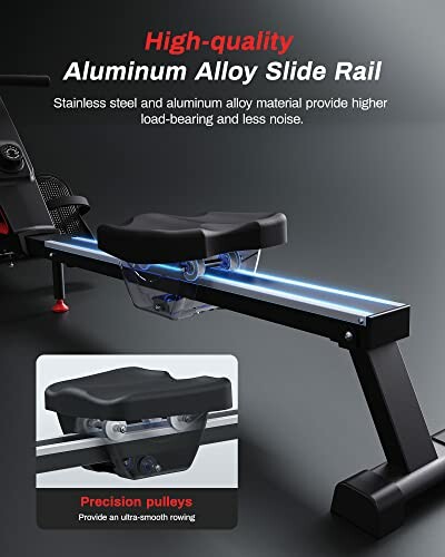 Rowing machine with high-quality aluminum alloy slide rail and precision pulleys.