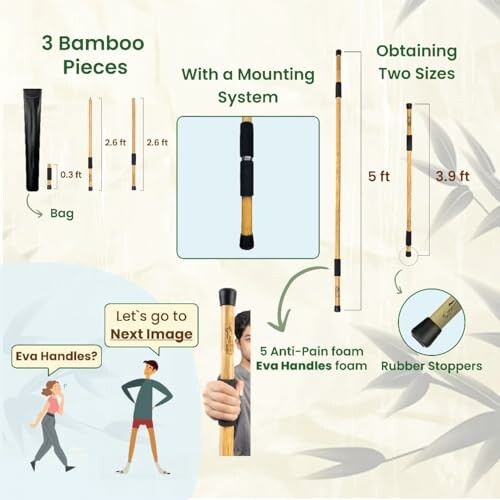 Bamboo sticks with mounting system, showing two sizes and accessories.