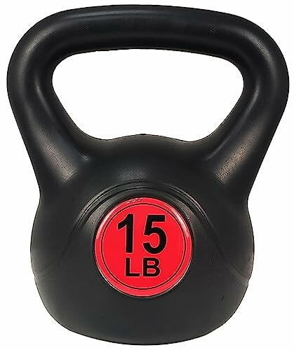 Black 15-pound kettlebell with red label