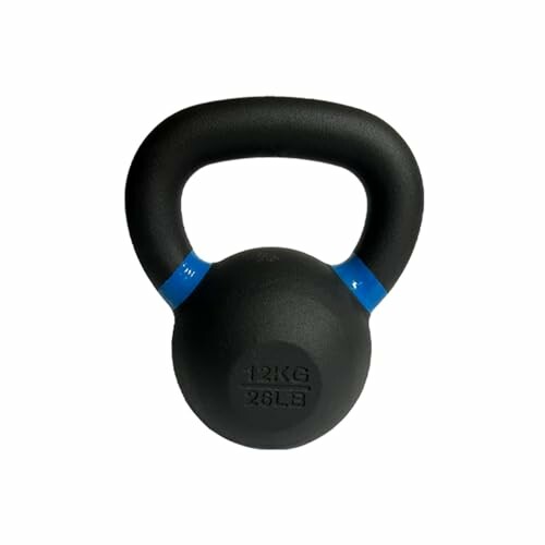 Black 12kg kettlebell with blue accents.