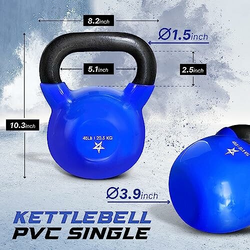 Blue PVC kettlebell with dimensions labeled.