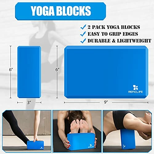 Set of blue yoga blocks with easy-to-grip edges, durable and lightweight.