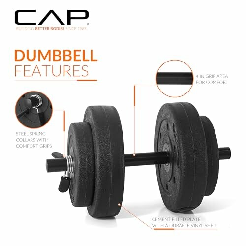 CAP dumbbell features with comfort grip and cement-filled plates.