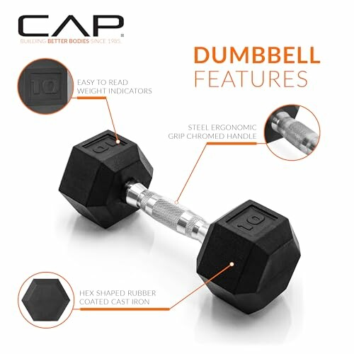 Hex dumbbell with ergonomic grip and weight indicators