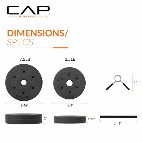 CAP weight plates and grip dimensions illustration.