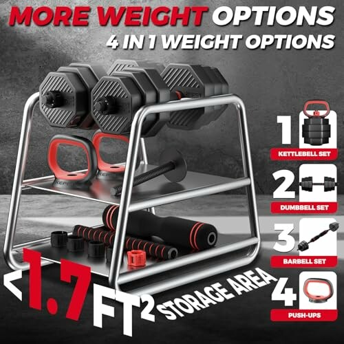 Compact 4-in-1 home gym equipment set with dumbbells, kettlebell, barbell, and push-up handles.