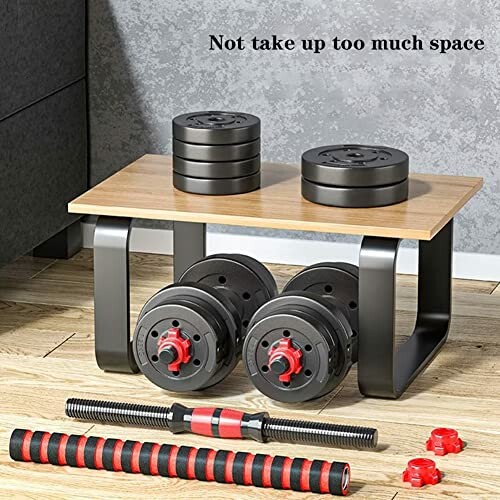 Compact home gym equipment with adjustable dumbbells and weights on a small shelf.