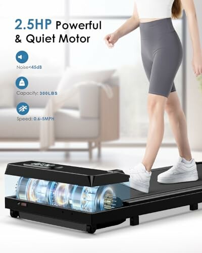 Woman walking on a compact treadmill with a powerful quiet motor.