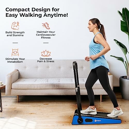 Woman using compact treadmill in living room.