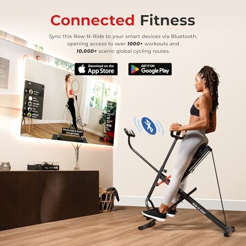 Person using an exercise bike with smart device connectivity.