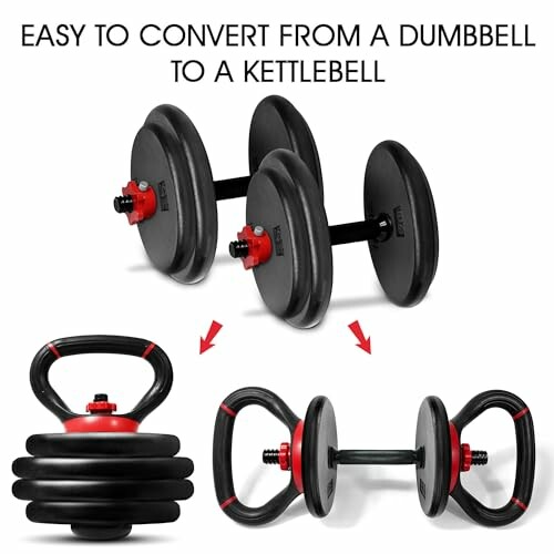 Convertible dumbbell to kettlebell with black and red weights.