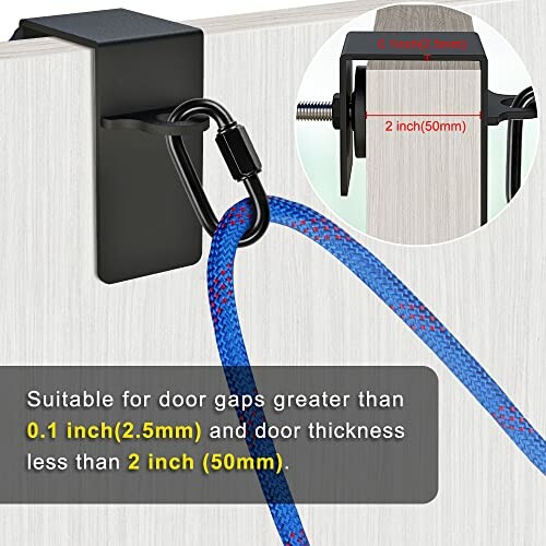 Door anchor with exercise band showing size specifications.