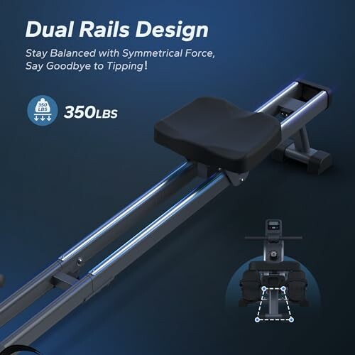 Rowing machine with dual rails design supporting 350 lbs.