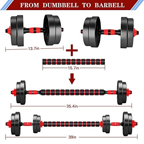 Illustration of adjustable dumbbell to barbell conversion set with measurements.