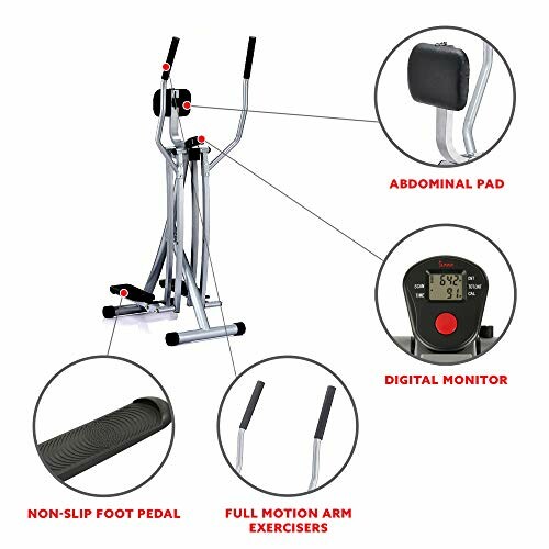 Elliptical machine with abdominal pad, digital monitor, non-slip foot pedals, and full motion arm exercisers.