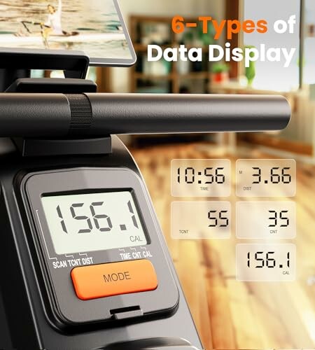 Exercise bike display showing calories, time, and distance metrics.