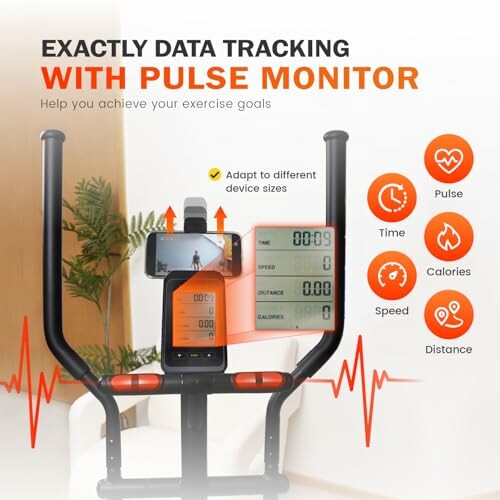 Exercise bike with pulse monitor and data tracking display.