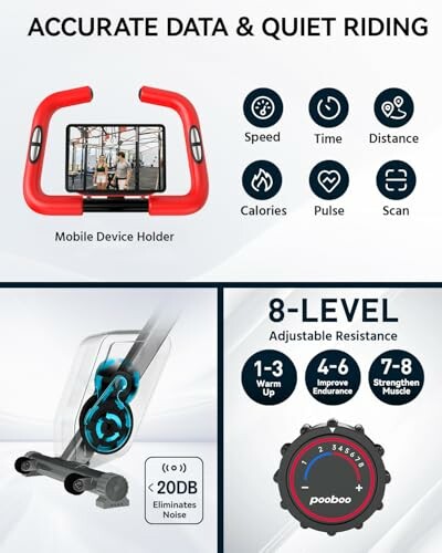 Exercise bike features including mobile device holder, performance metrics, and adjustable resistance levels.