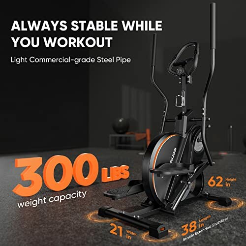 Exercise bike with 300 lbs weight capacity, steel frame, and dimensions.