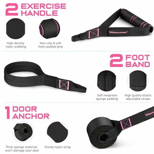 Exercise equipment set with handles, foot bands, and door anchor.