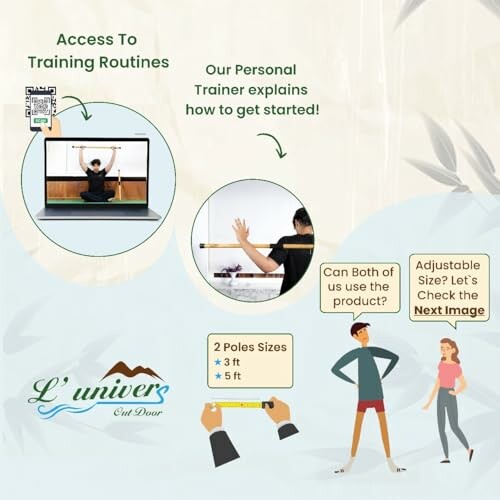 Poster showing access to training routines with personal trainer guidance, pole sizes, and adjustable features.