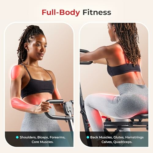 Two images of a woman exercising with highlighted muscle groups for full-body fitness.