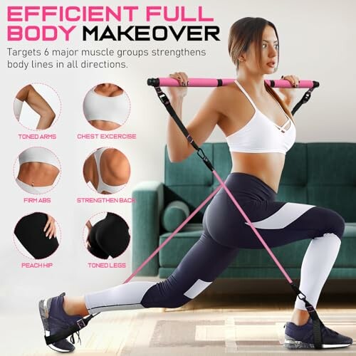 Woman performing full body workout with resistance bands at home.