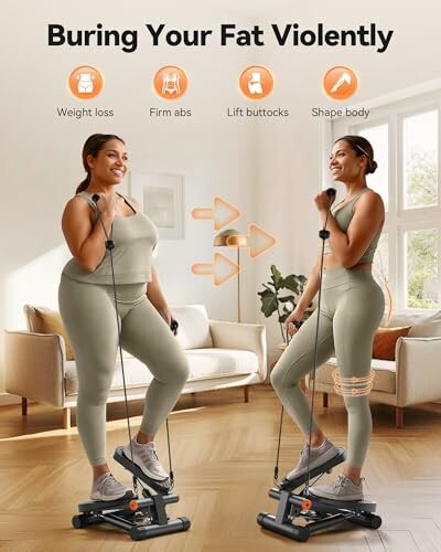 Two women exercising on a stepper in a living room.