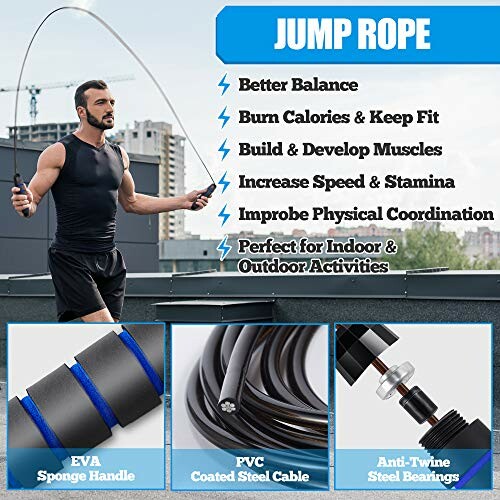 Man using a jump rope with highlighted benefits and features.