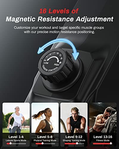 Magnetic resistance adjustment settings and exercise modes for workout equipment.