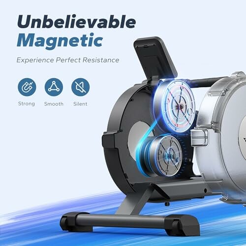 Magnetic rowing machine with resistance features.