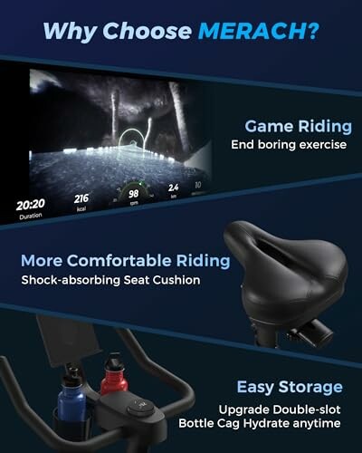 Exercise bike features: game riding, comfortable seat, easy storage.