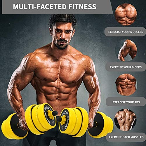 Muscular man holding yellow dumbbells with exercise focus areas highlighted.