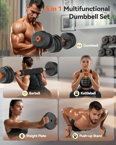 5 in 1 multifunctional dumbbell set with barbell, kettlebell, weight plate, and push-up stand options.