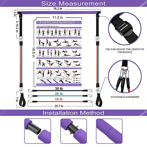 Pilates bar kit with size measurements and installation guide.